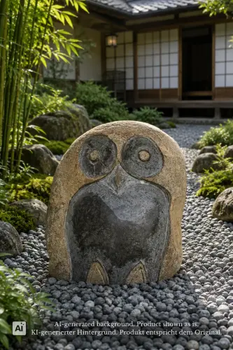Product image of the product “Owl sculpture made of riverstone, stylized design with carved eyes and smooth natural stone surface, H. approx. 30 cm. ”